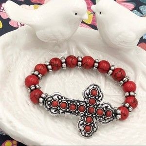 🌼 Red Sideways Cross Beaded Stretch Bracelet